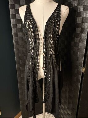 Whimsigoth Purple Snow Black Crochet Open-Front Vest